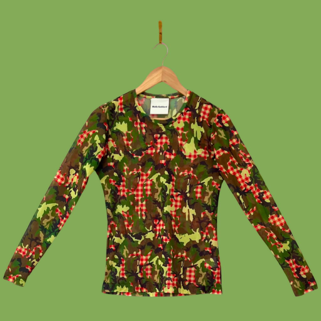 Molly Goddard FREDDIE Camo Gingham Print Mesh Top In Green.