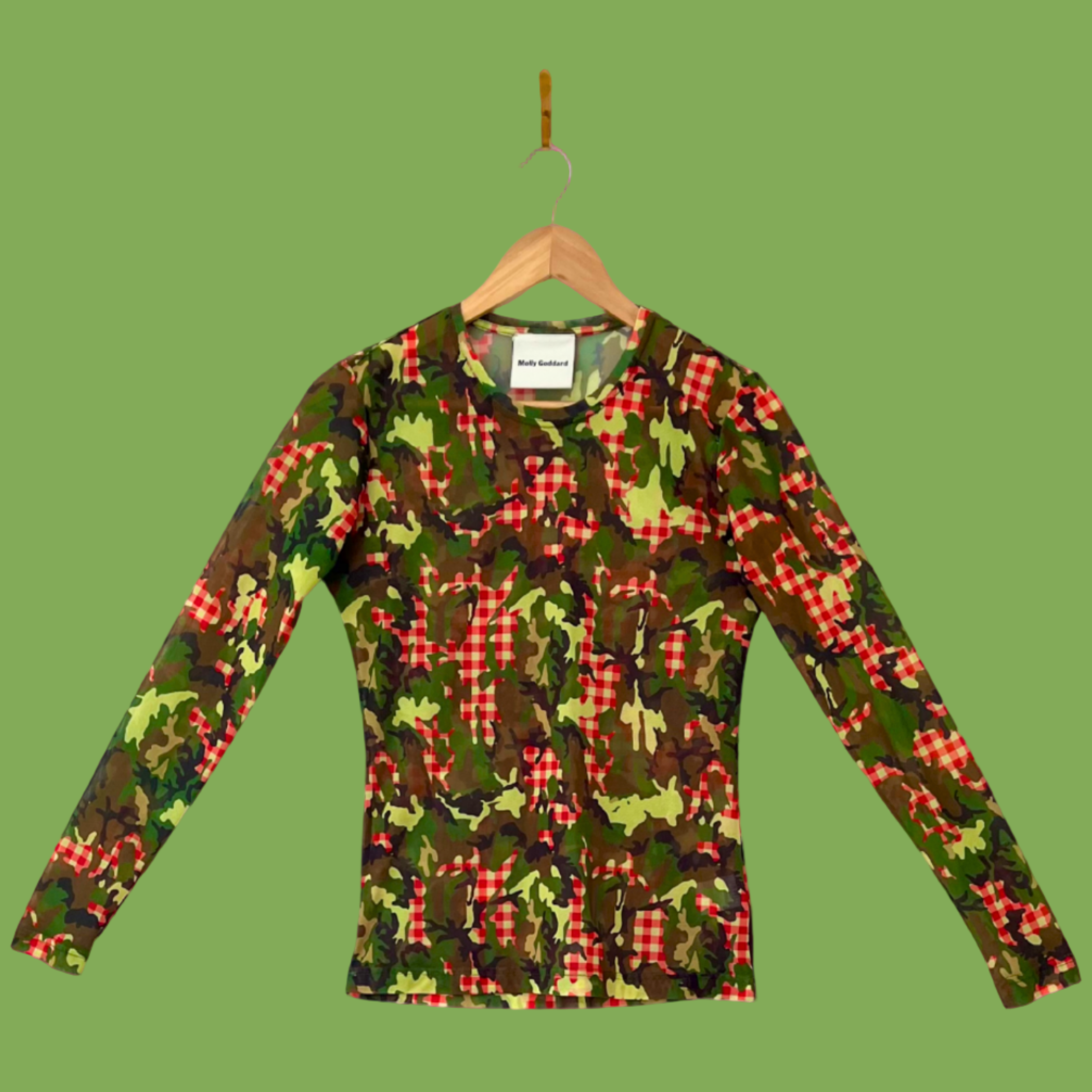 Molly Goddard FREDDIE Camo Gingham Print Mesh Top In Green.