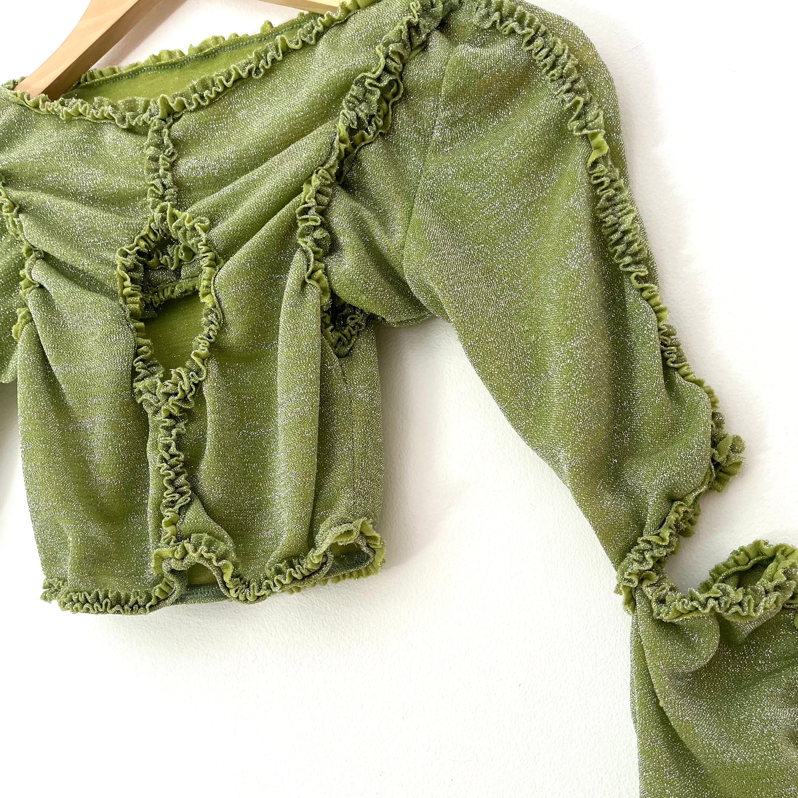 Barragán XOCHI Ruffle Center Hole Shirt in Metalic Green.