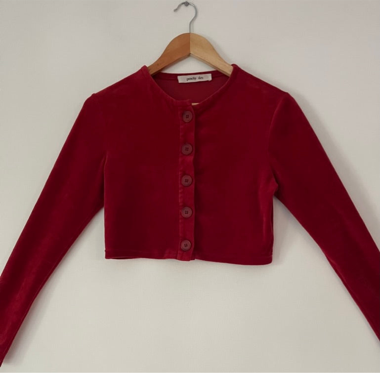 Peachy Den CELESTE Velour Cardigan in Scarlet.