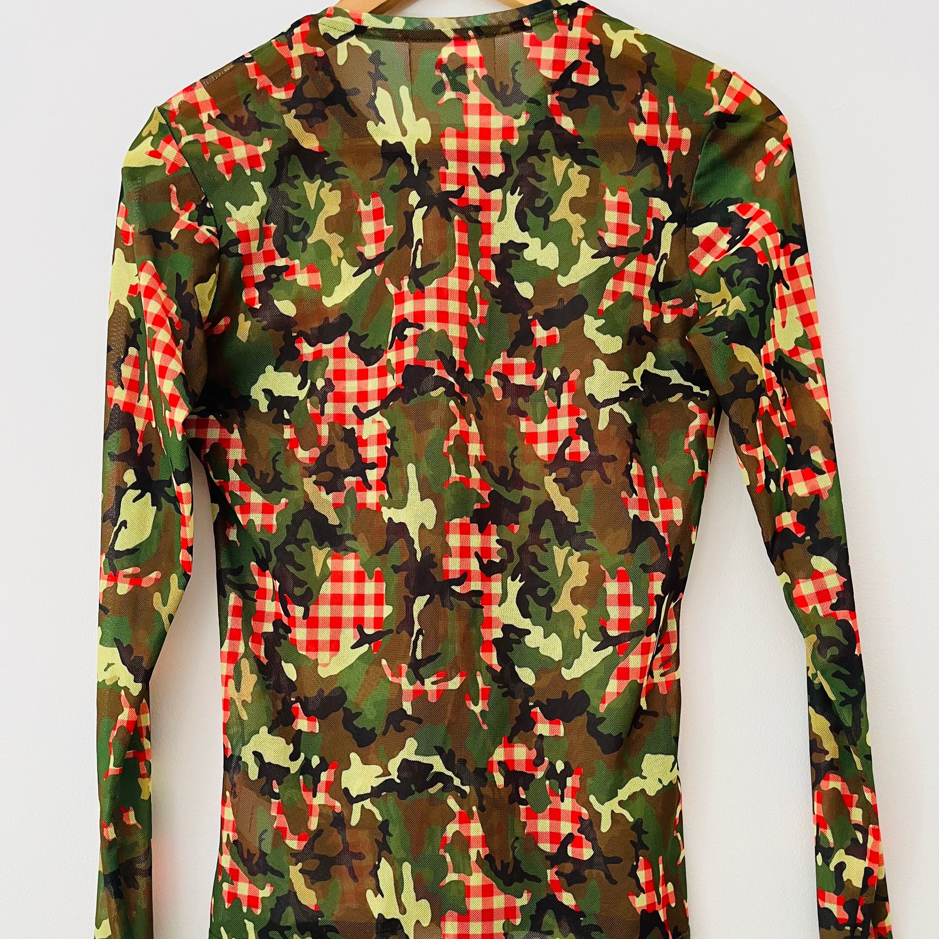 Molly Goddard FREDDIE Camo Gingham Print Mesh Top In Green.
