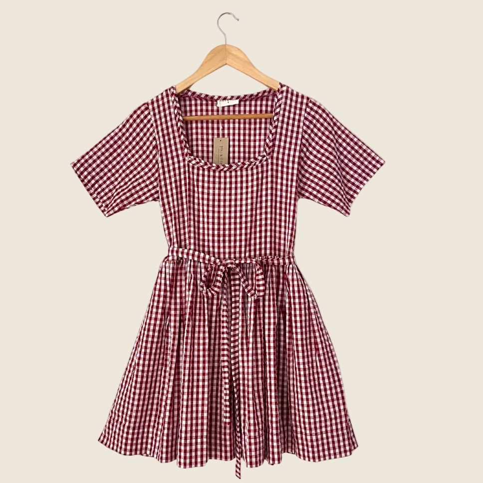 Yoli & Otis BNWT GEORGE Dress in Red/Wine Gingham Size 8.