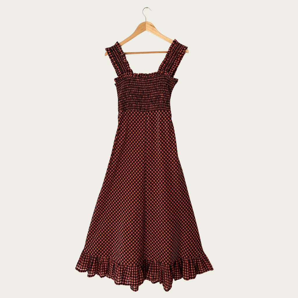 Ganni SEERSUCKER Check Maxi Dress in Flame Size 32.