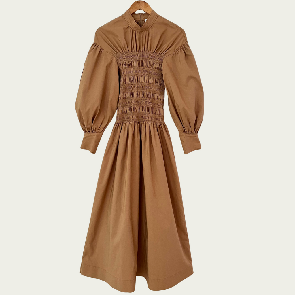 Ganni Smocked Cotton Canvas Midi Dress Size 42/AU14.