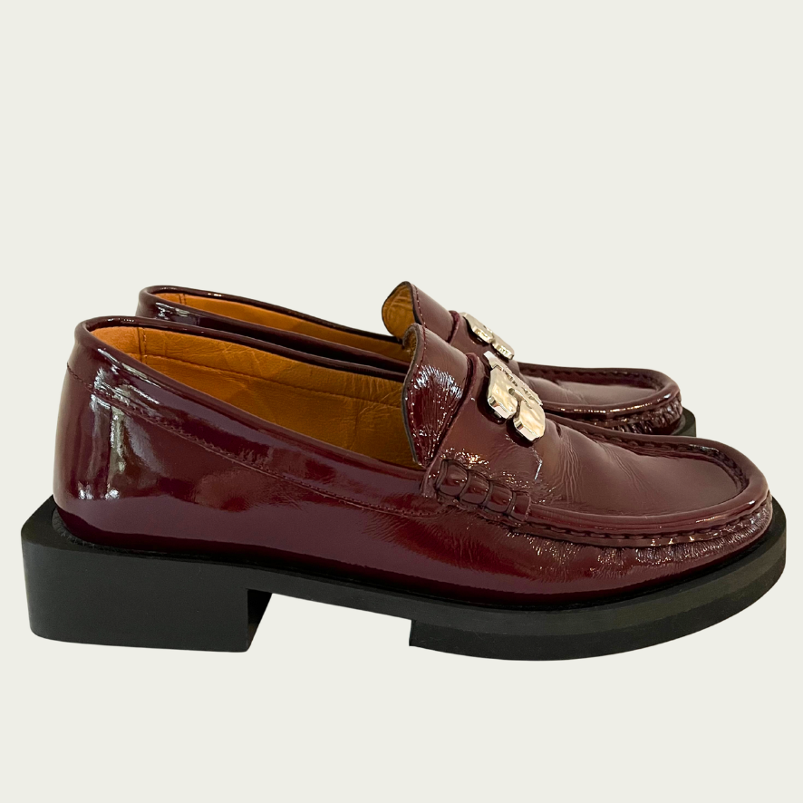 Ganni BUTTERFLY Loafers in Burgundy Size 38.