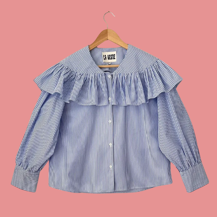 La Veste TABLA Cotton Shirt in Blue/White Stripe Size XL.