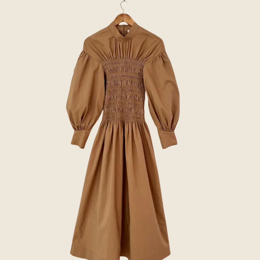 Ganni Smocked Cotton Canvas Midi Dress Size 42/AU14.