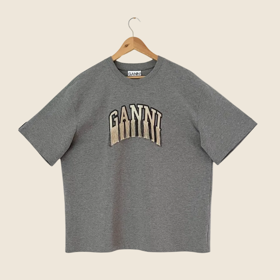 Ganni Heavy Cotton Drop Shoulder Fringe T-Shirt Size L.