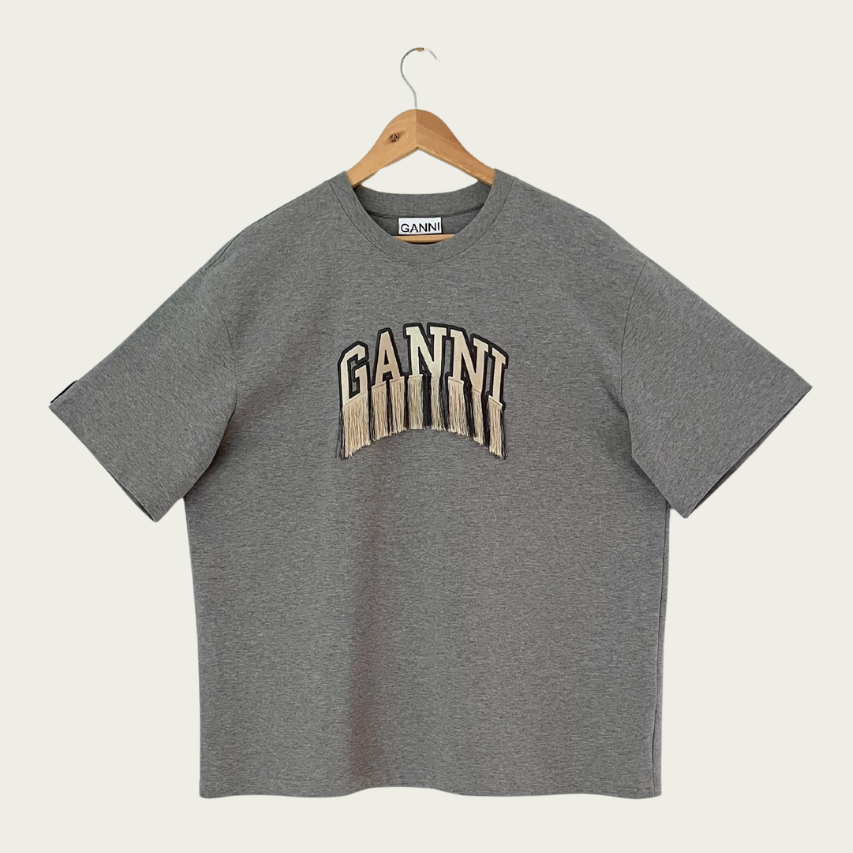 Ganni Heavy Cotton Drop Shoulder Fringe T-Shirt Size L.