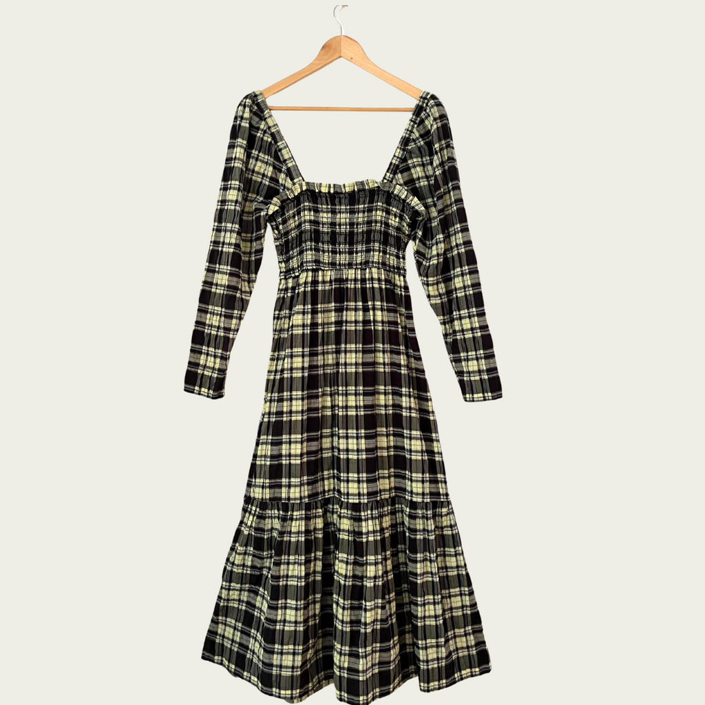 Ganni Long Sleeve Seersucker Check Dress in Elfin Yellow Size 36/AU8.
