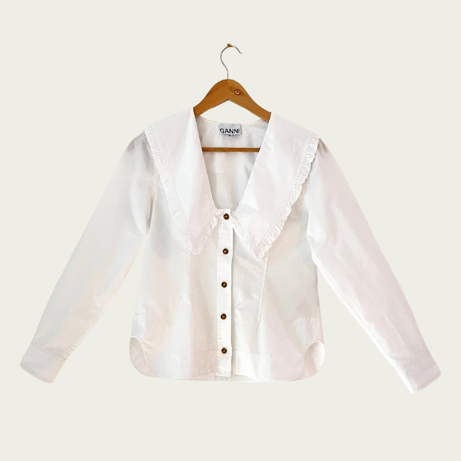Ganni Cotton Poplin V Neck Shirt in White Size 34/AU6.