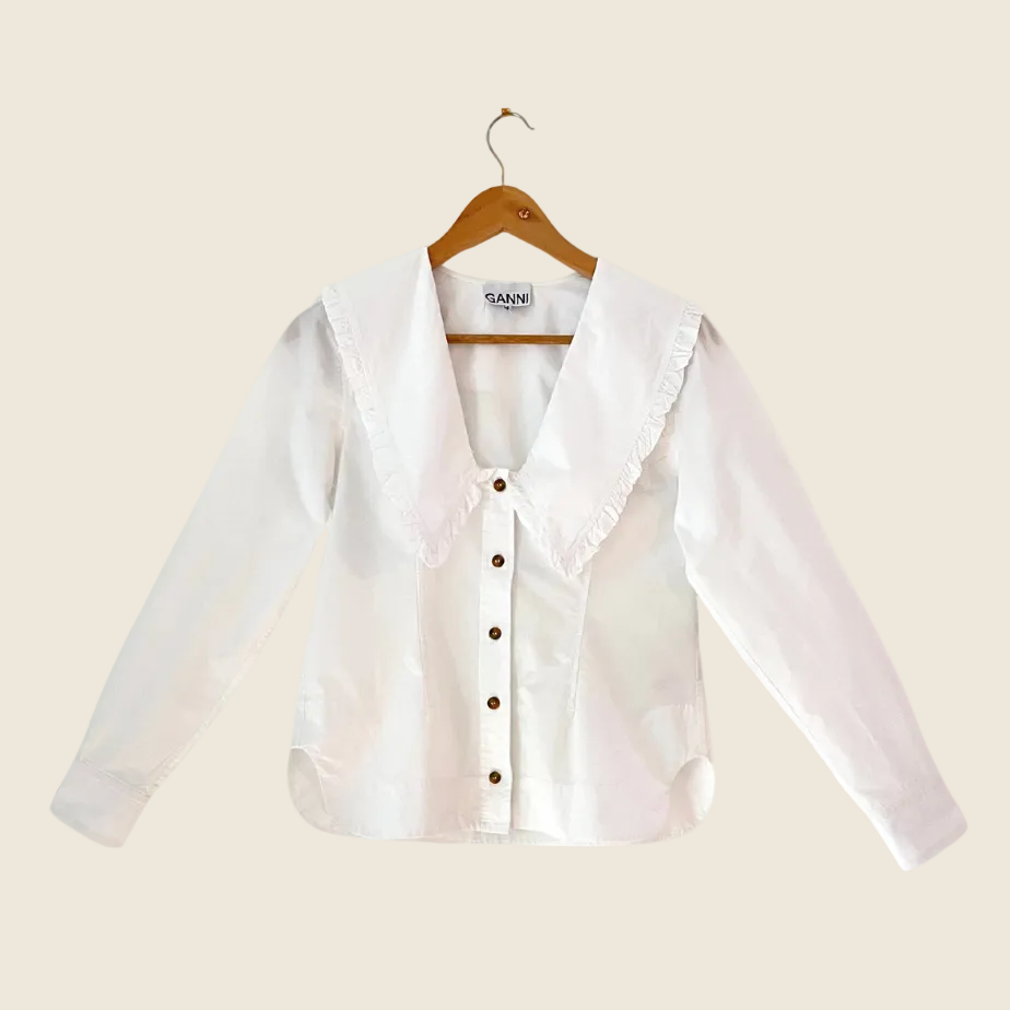 Ganni Cotton Poplin V Neck Shirt in White Size 34/AU6.