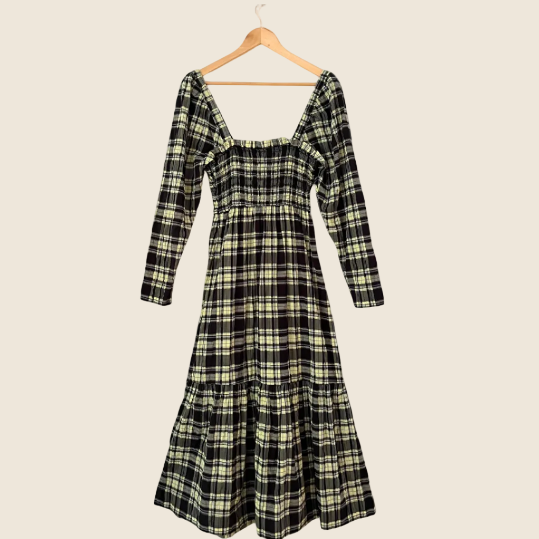 Ganni Long Sleeve Seersucker Check Dress in Elfin Yellow Size 36/AU8.