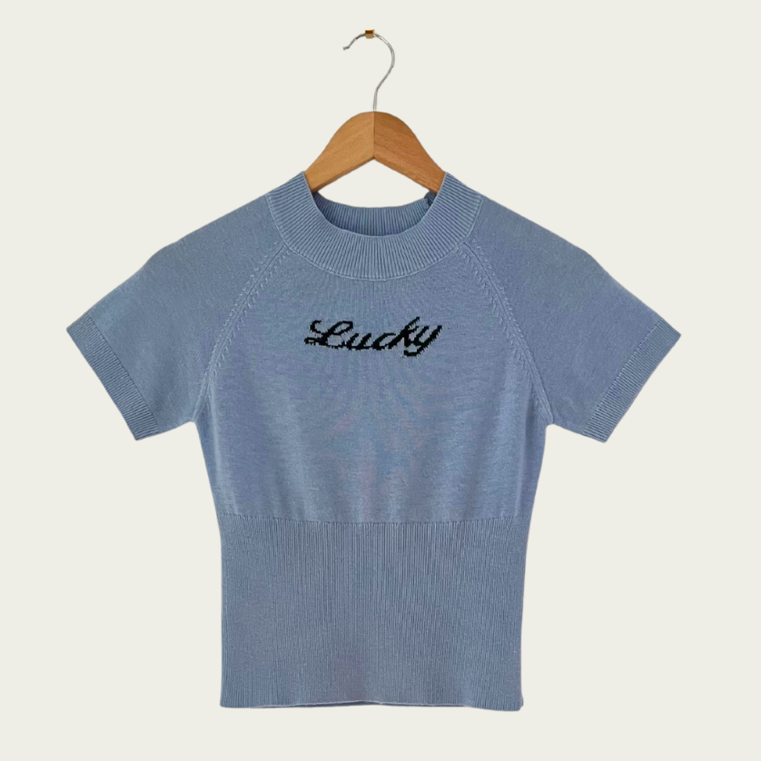 Little Yarn LUCKY Knit Top in Blue.
