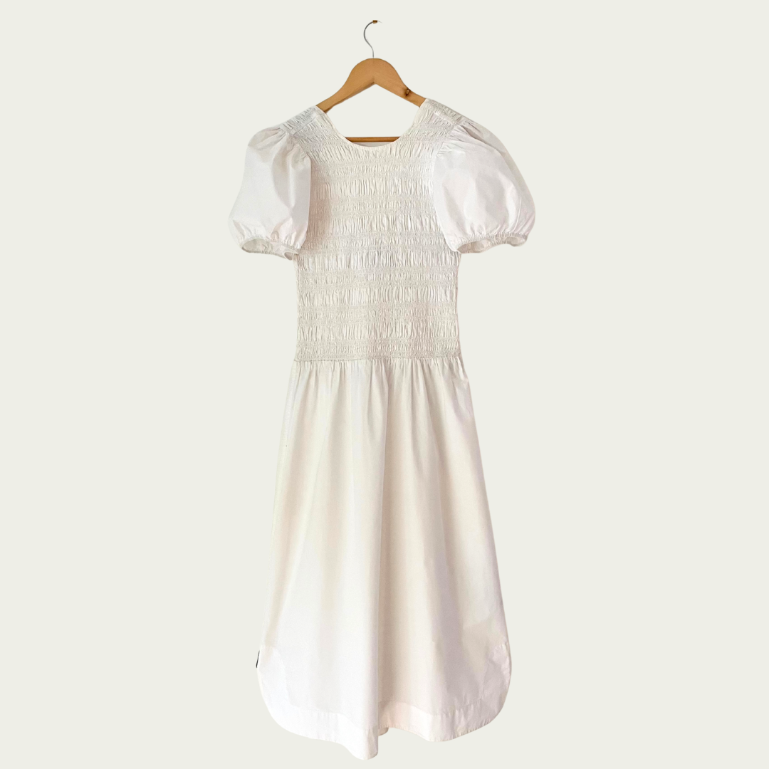 Ganni Cotton Poplin Shirred Midi Dress Size 38/M/AU10.