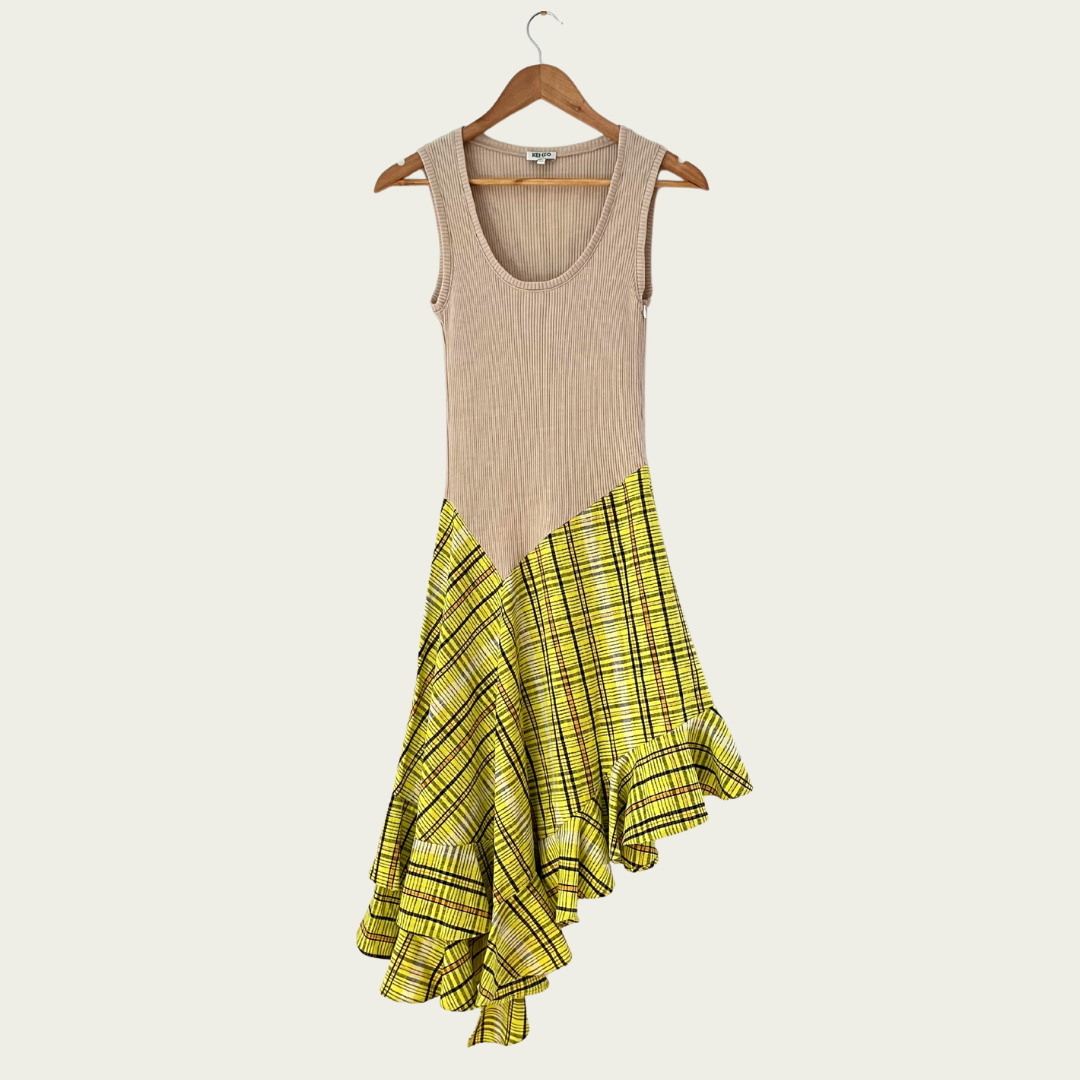 Kenzo Rib Knit Checked Twill Asymmetrical Dress Size XS.