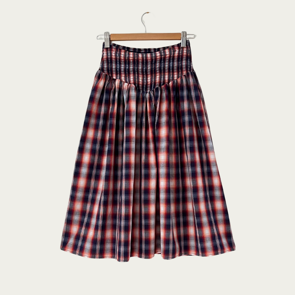 Après Studios Shirred Midi in Grape Plaid Size XS.