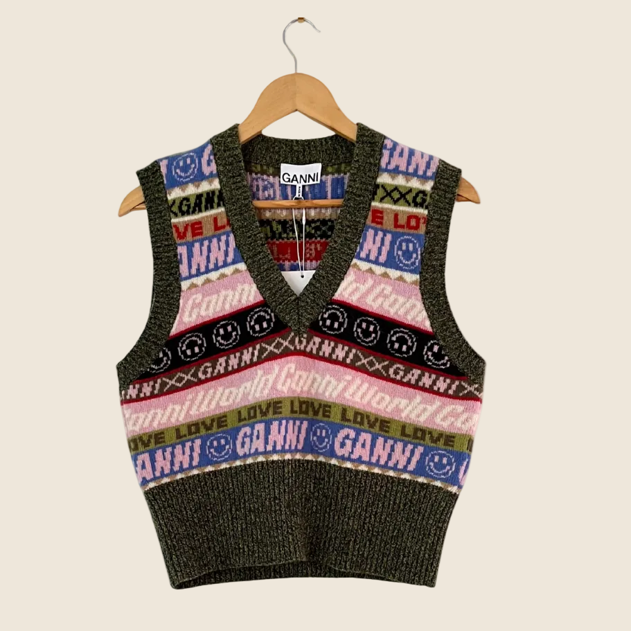 Ganni BNWT INTARSIA Graphic Knit Vest Size M.