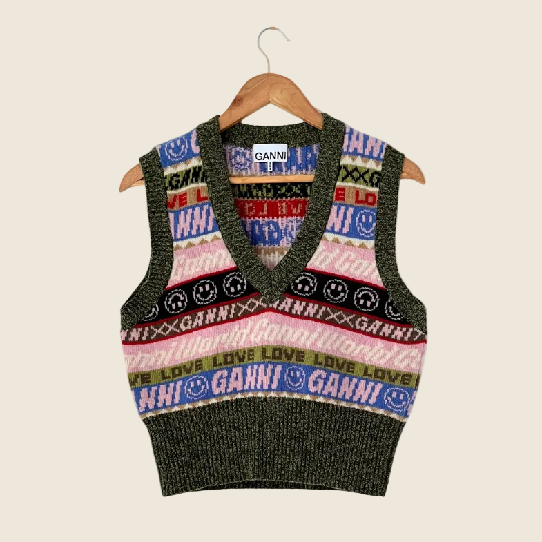 Ganni V Neck Vest in Multi Size S.