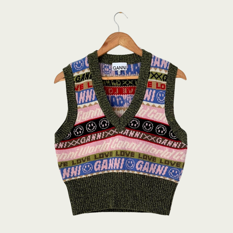 Ganni V Neck Vest in Multi Size S.