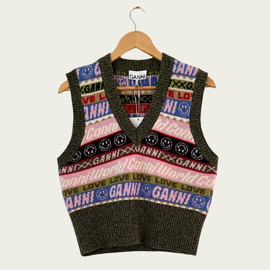 Ganni BNWT INTARSIA Graphic Knit Vest Size M.