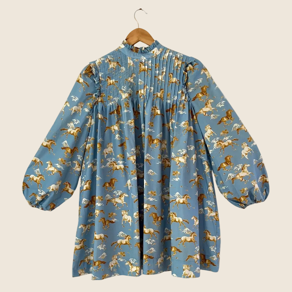 Ganni Horse-Print Pintucked Cotton Smock Dress Size 34/XS.