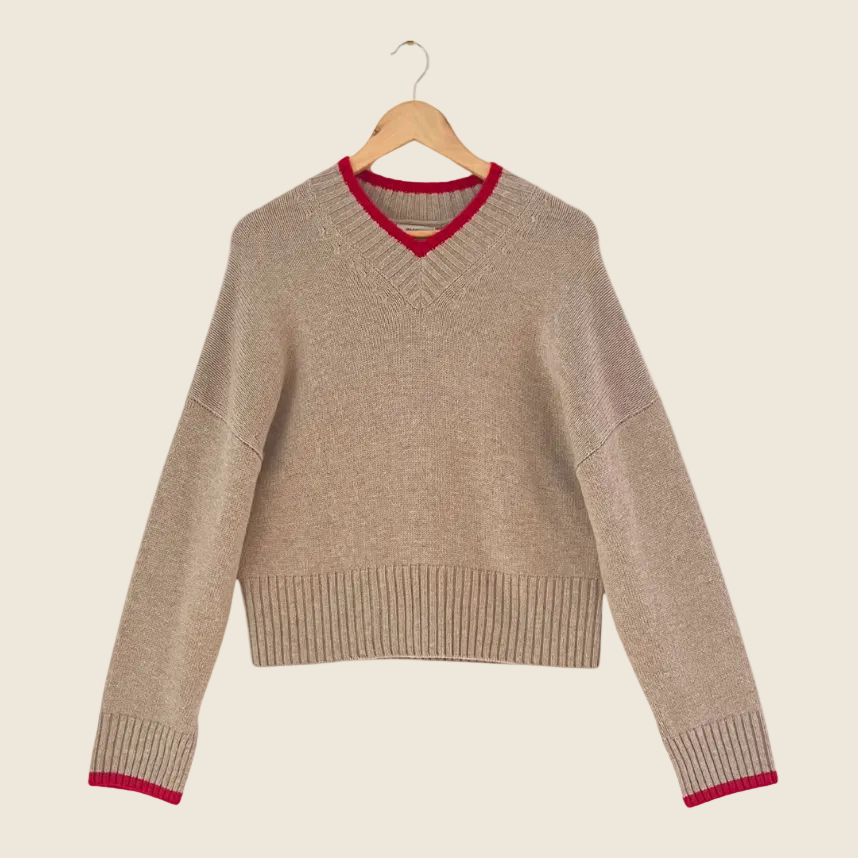 Bassike V neck Contrast Knit in Oatmeal/Red Size 0/AU6/XS.