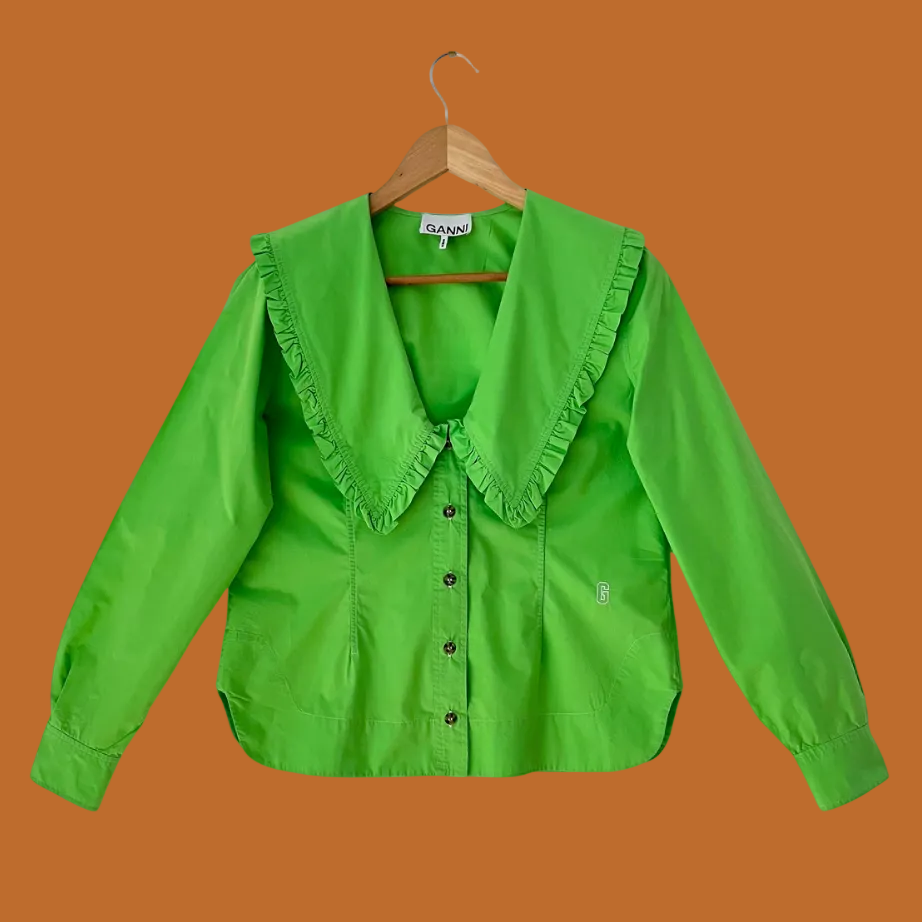 Ganni Ruffle Collar Poplin Shirt in Vibrant Neon Green Size 36/S.