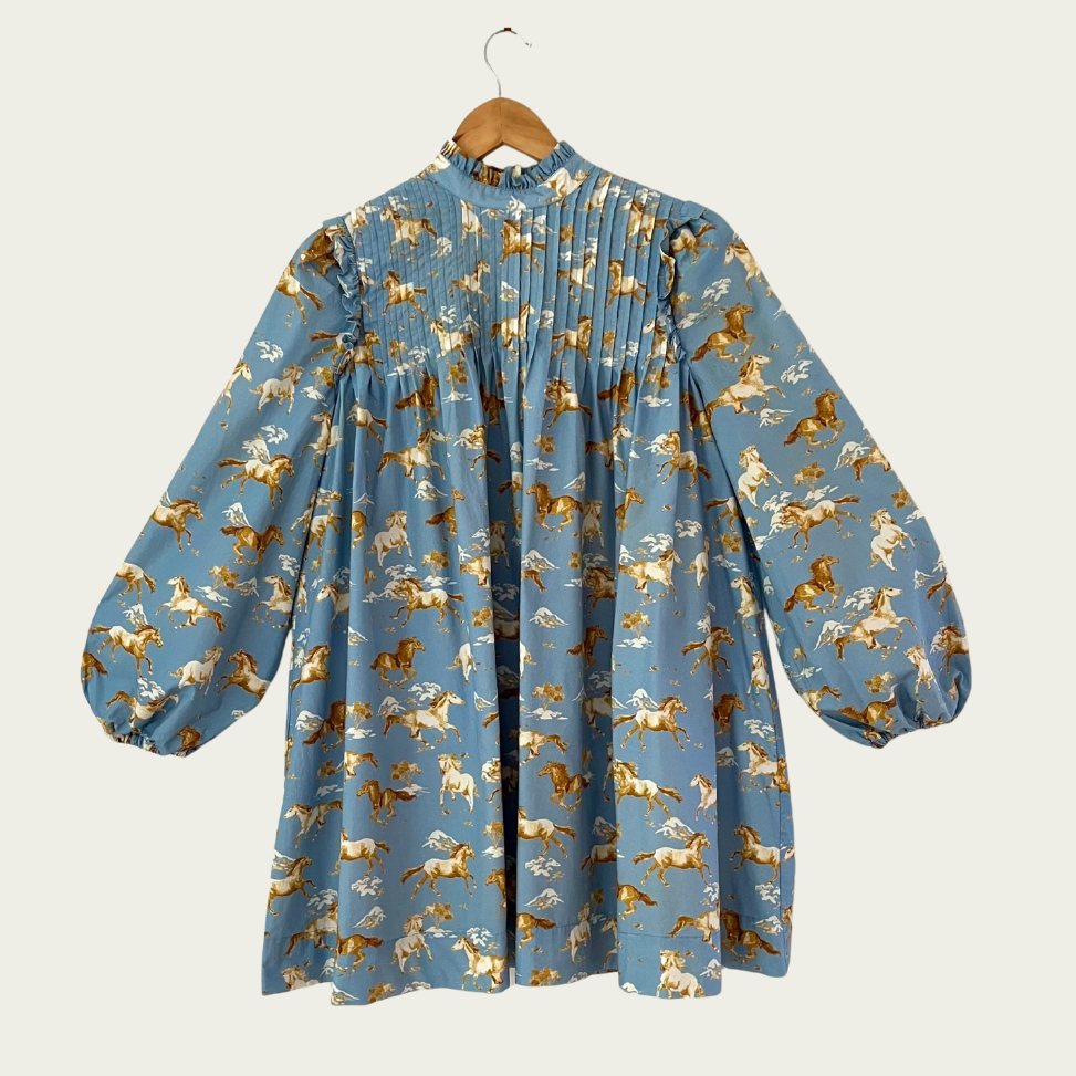 Ganni Horse-Print Pintucked Cotton Smock Dress Size 34/XS.