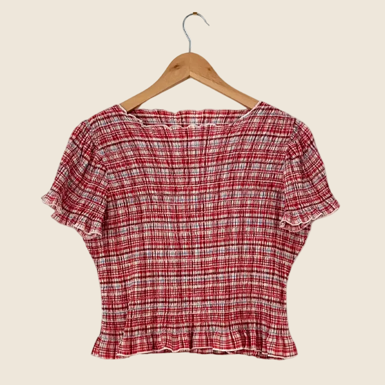 Apres Studios STRAWBERRY Plaid Ruched Top Size M.