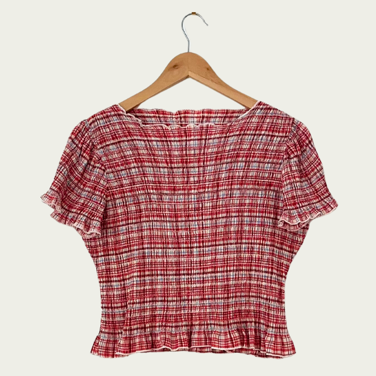 Apres Studios STRAWBERRY Plaid Ruched Top Size M.