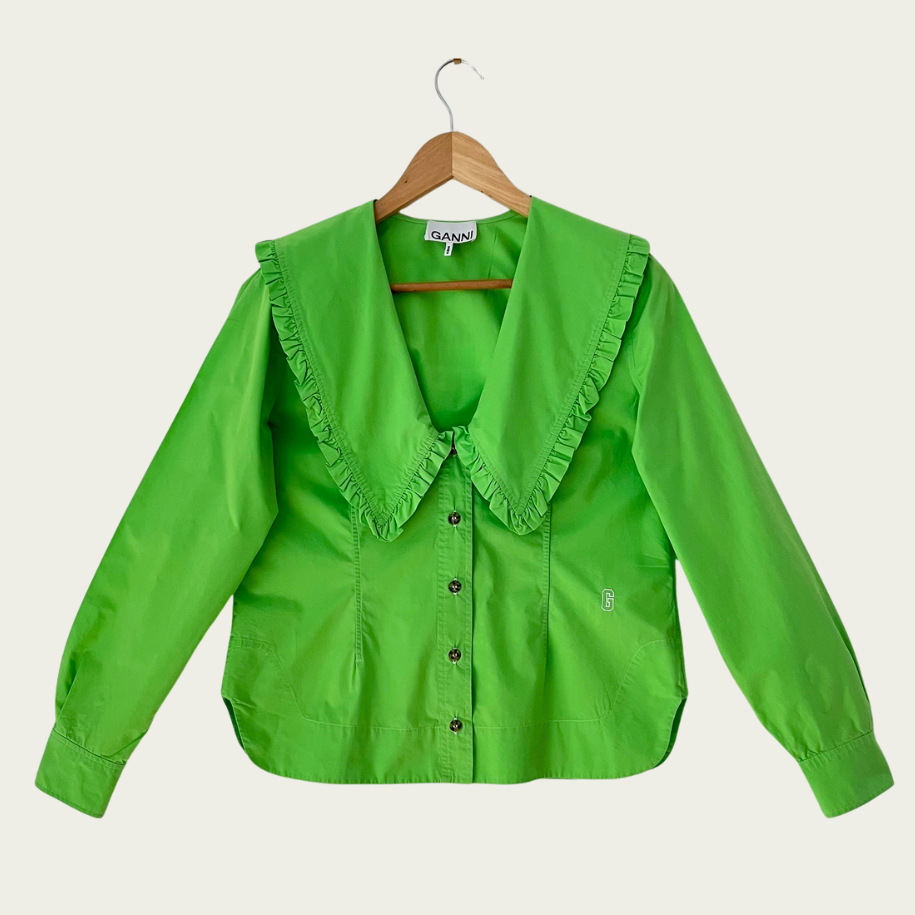 Ganni Ruffle Collar Poplin Shirt in Vibrant Neon Green Size 36/S.