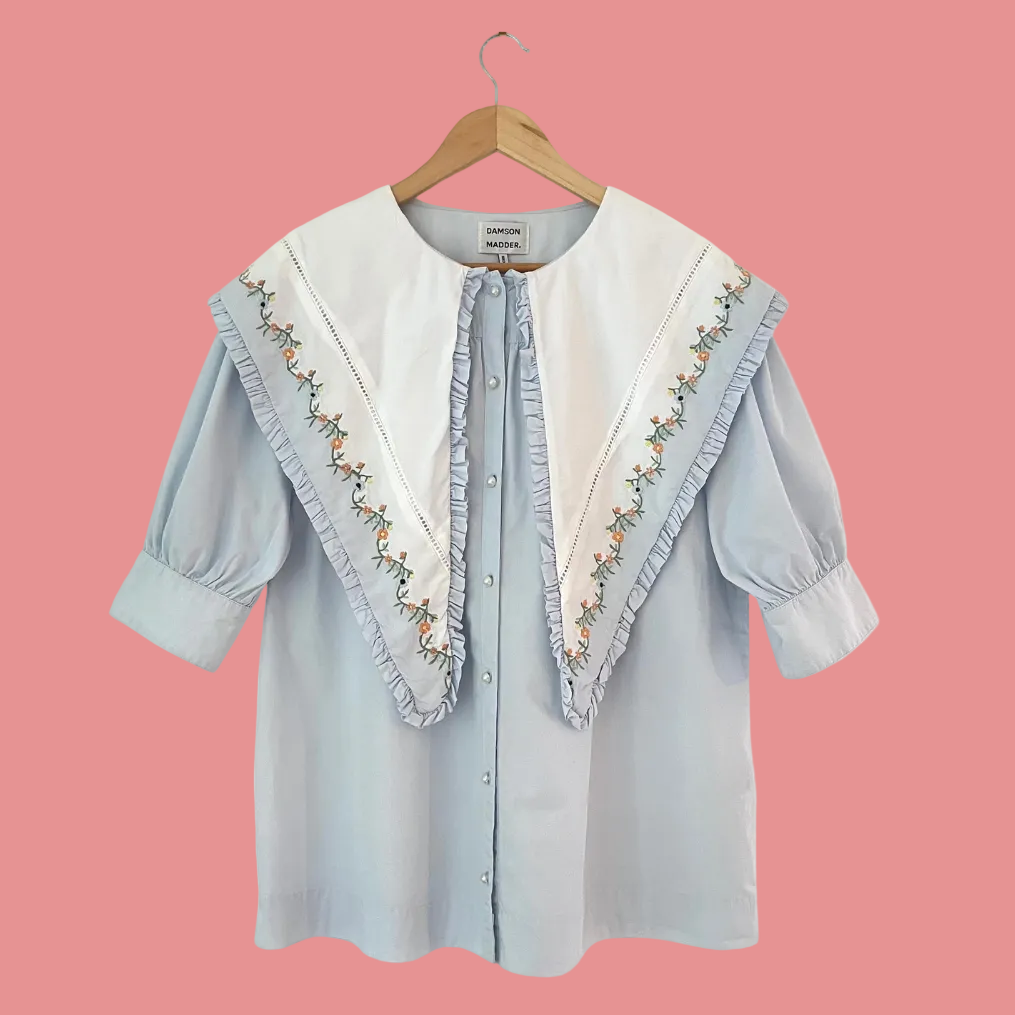 Damson Madder SUMMER SANDY Blouse in Embroidered Blue Size 14.