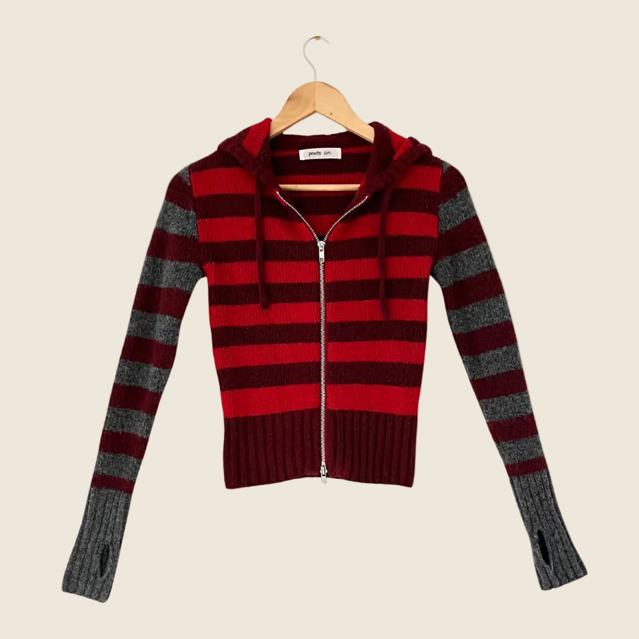 Peachy Den ANITA Knitted Hoodie in Burgundy Stripe Size XS.