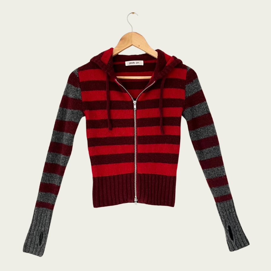 Peachy Den ANITA Knitted Hoodie in Burgundy Stripe Size XS.