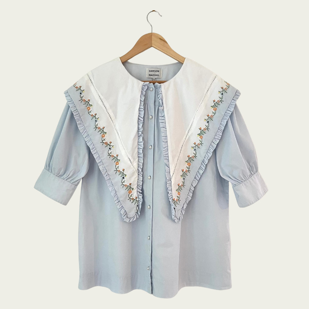 Damson Madder SUMMER SANDY Blouse in Embroidered Blue Size 14.