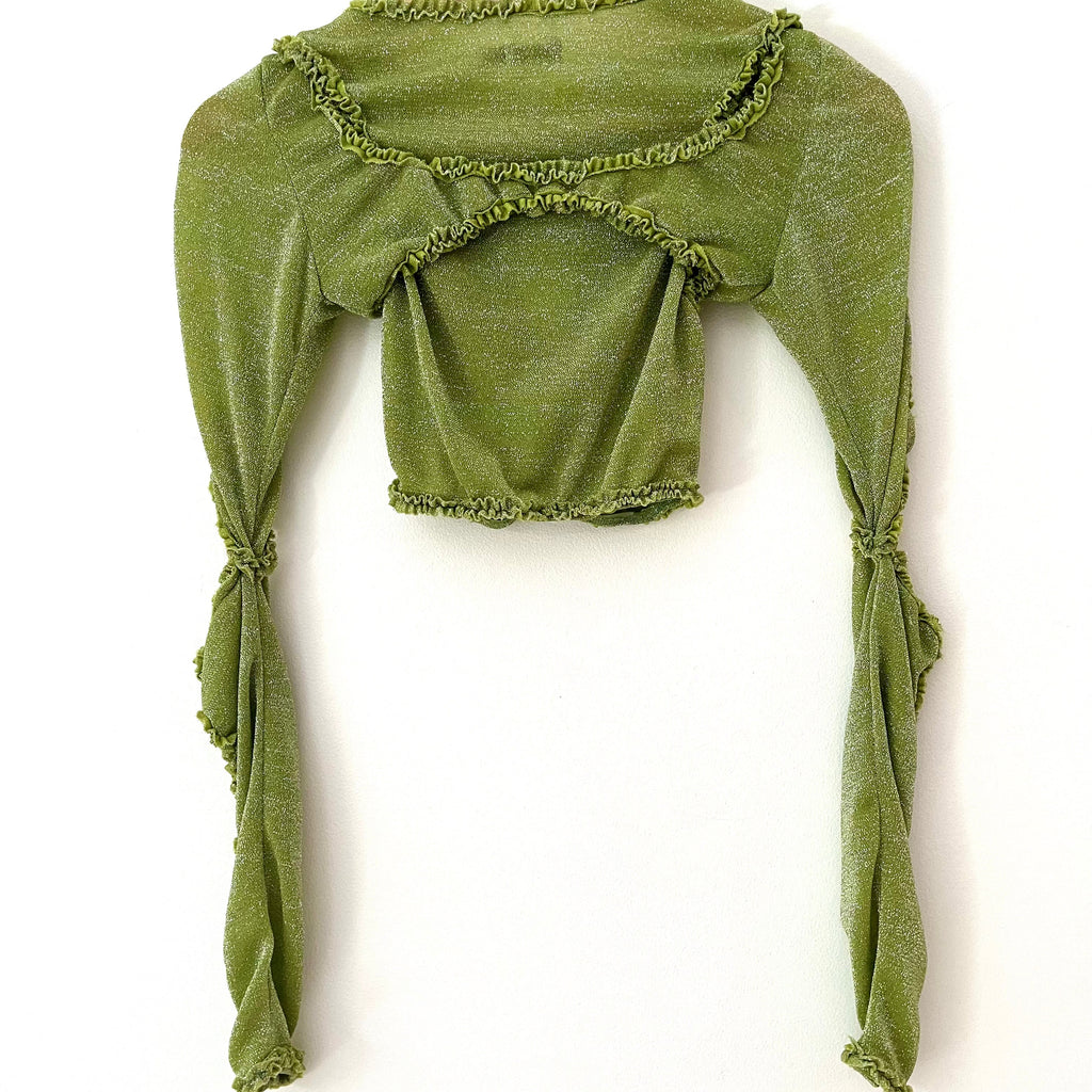 Barragán XOCHI Ruffle Center Hole Shirt in Metalic Green.