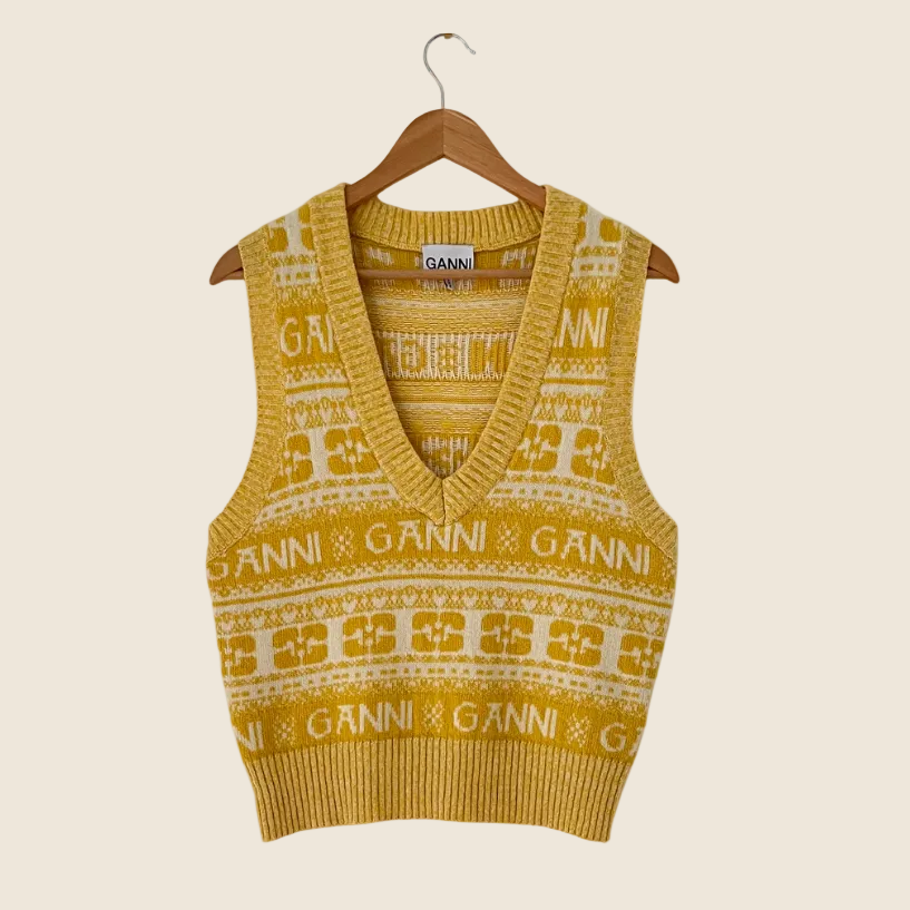 Ganni Logo Intarsia Wool Mix Vest Size S.