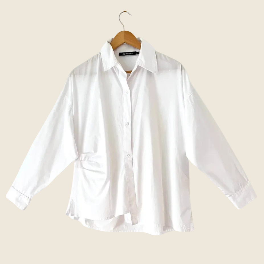 Alpha60 Ruched Asymmetrical White Shirt Size S.