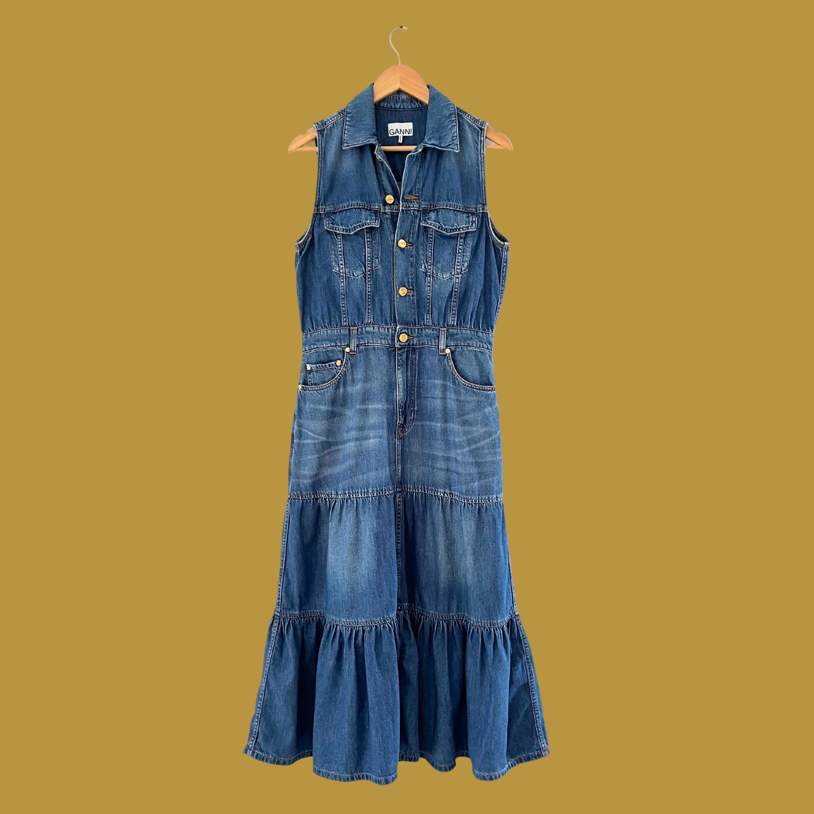 Ganni Sleeveless Denim Maxi Dress in Blue.