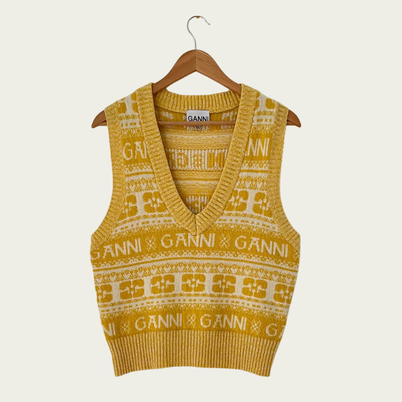 Ganni Logo Intarsia Wool Mix Vest Size S.
