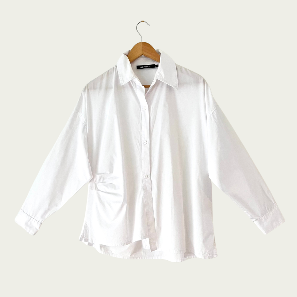 Alpha60 Ruched Asymmetrical White Shirt Size S.