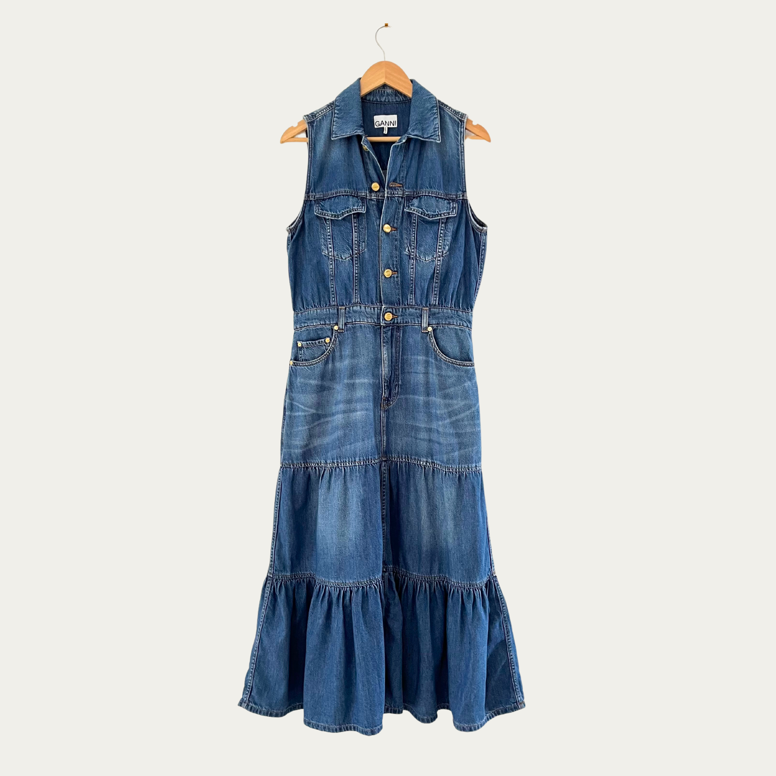 Ganni Sleeveless Denim Maxi Dress in Blue.