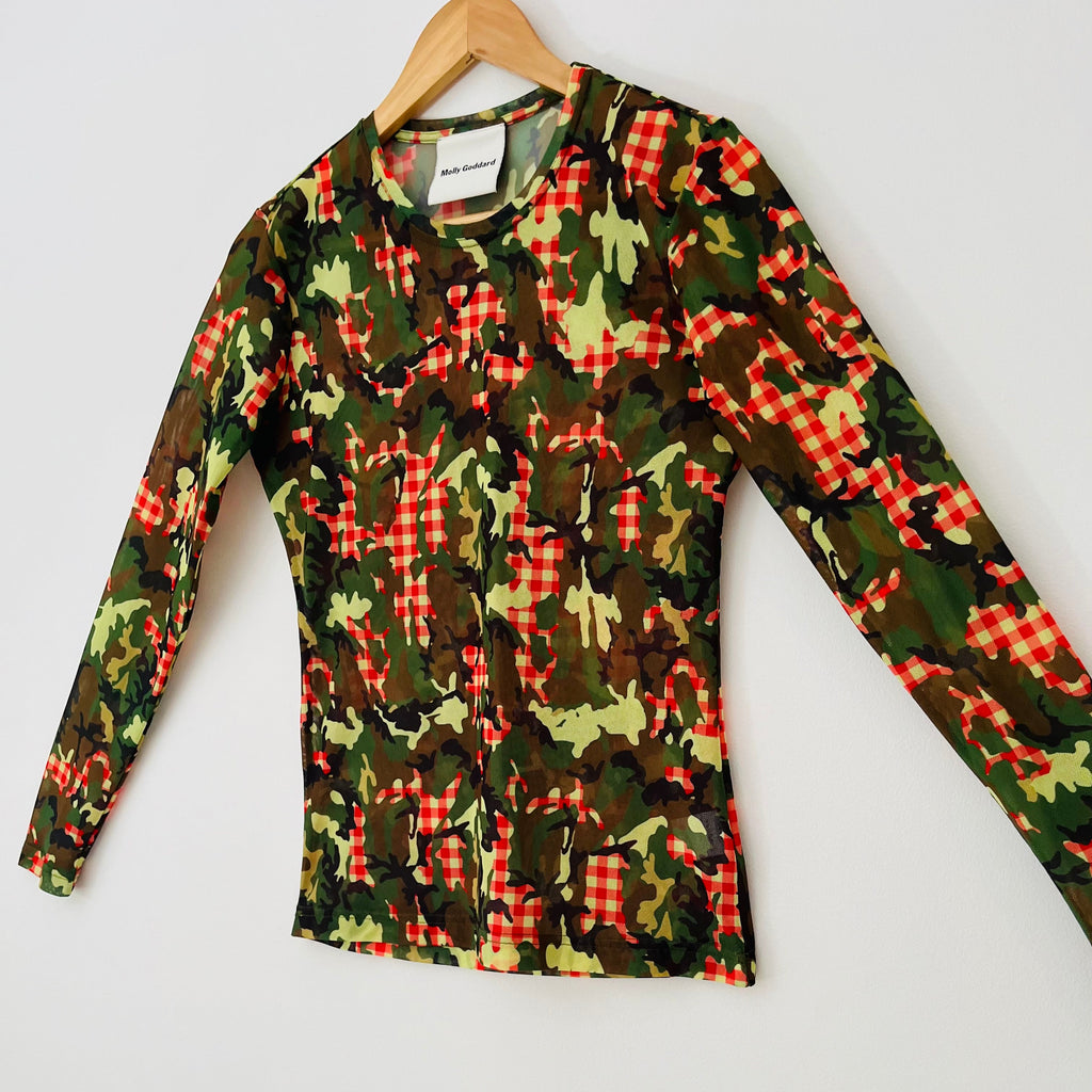 Molly Goddard FREDDIE Camo Gingham Print Mesh Top In Green.
