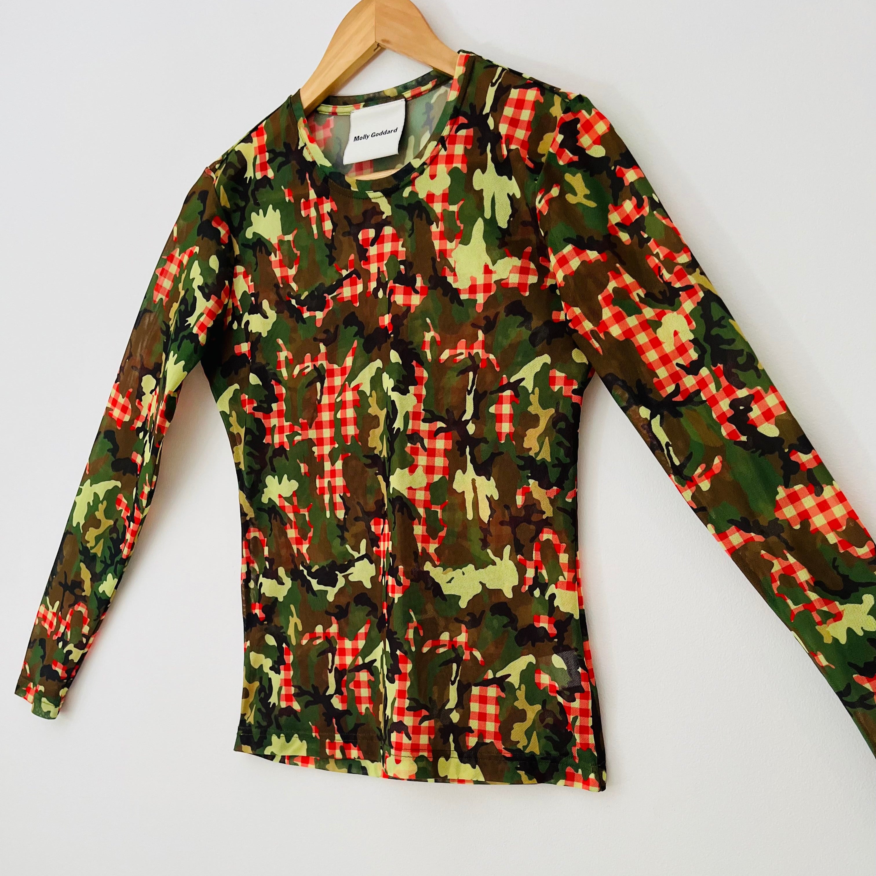 Molly Goddard FREDDIE Camo Gingham Print Mesh Top In Green.