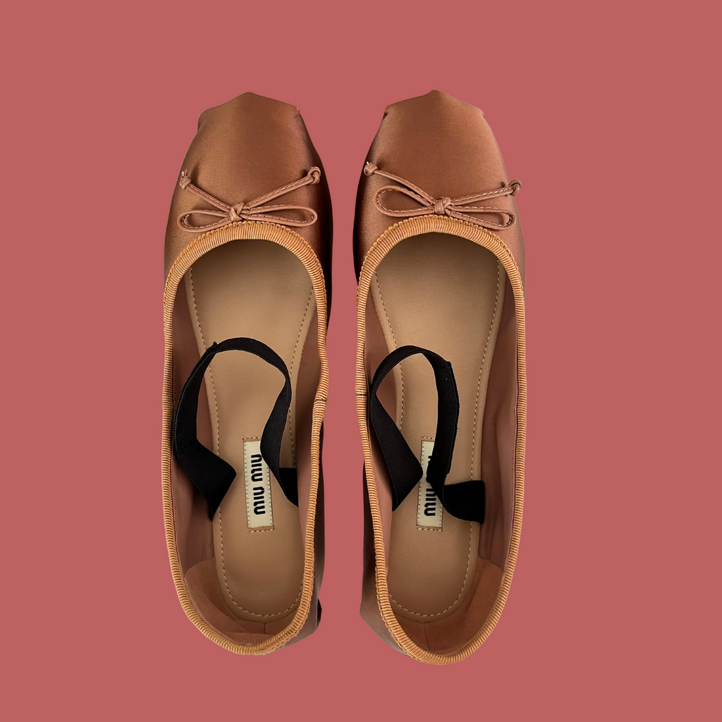 Miu Miu Satin Ballerina Flats in Cocoa Brown.