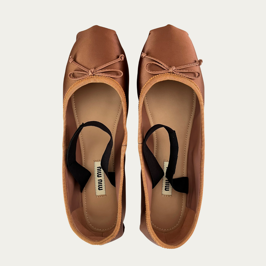 Miu Miu Satin Ballerina Flats in Cocoa Brown.