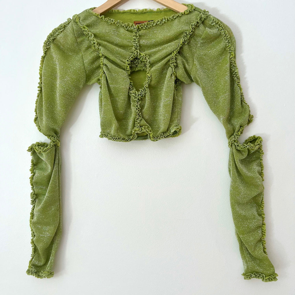 Barragán XOCHI Ruffle Center Hole Shirt in Metalic Green.