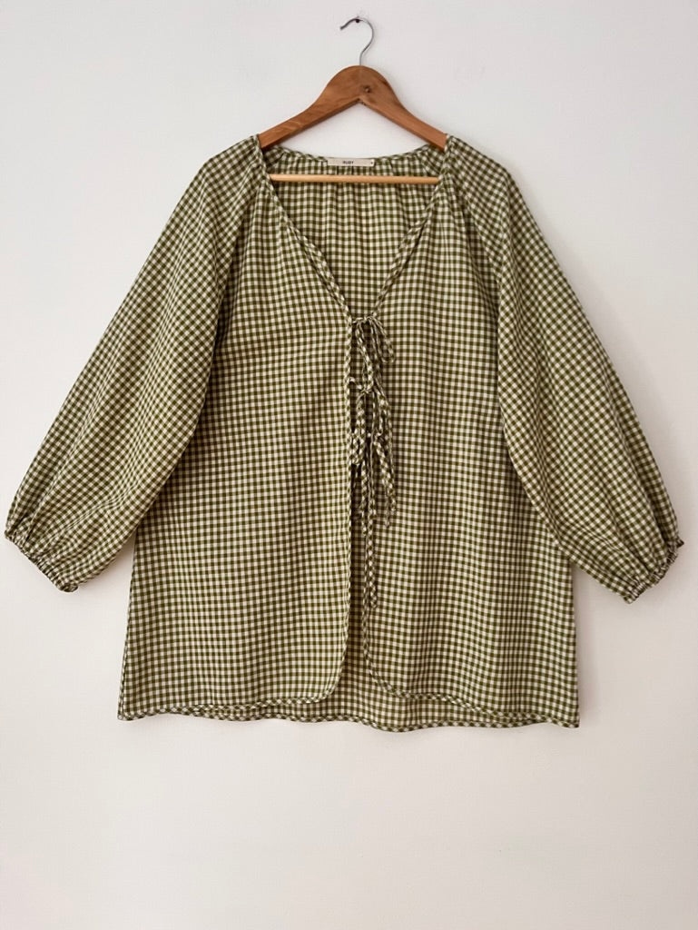 Ruby NZ Tie Front Gingham Top in Green.
