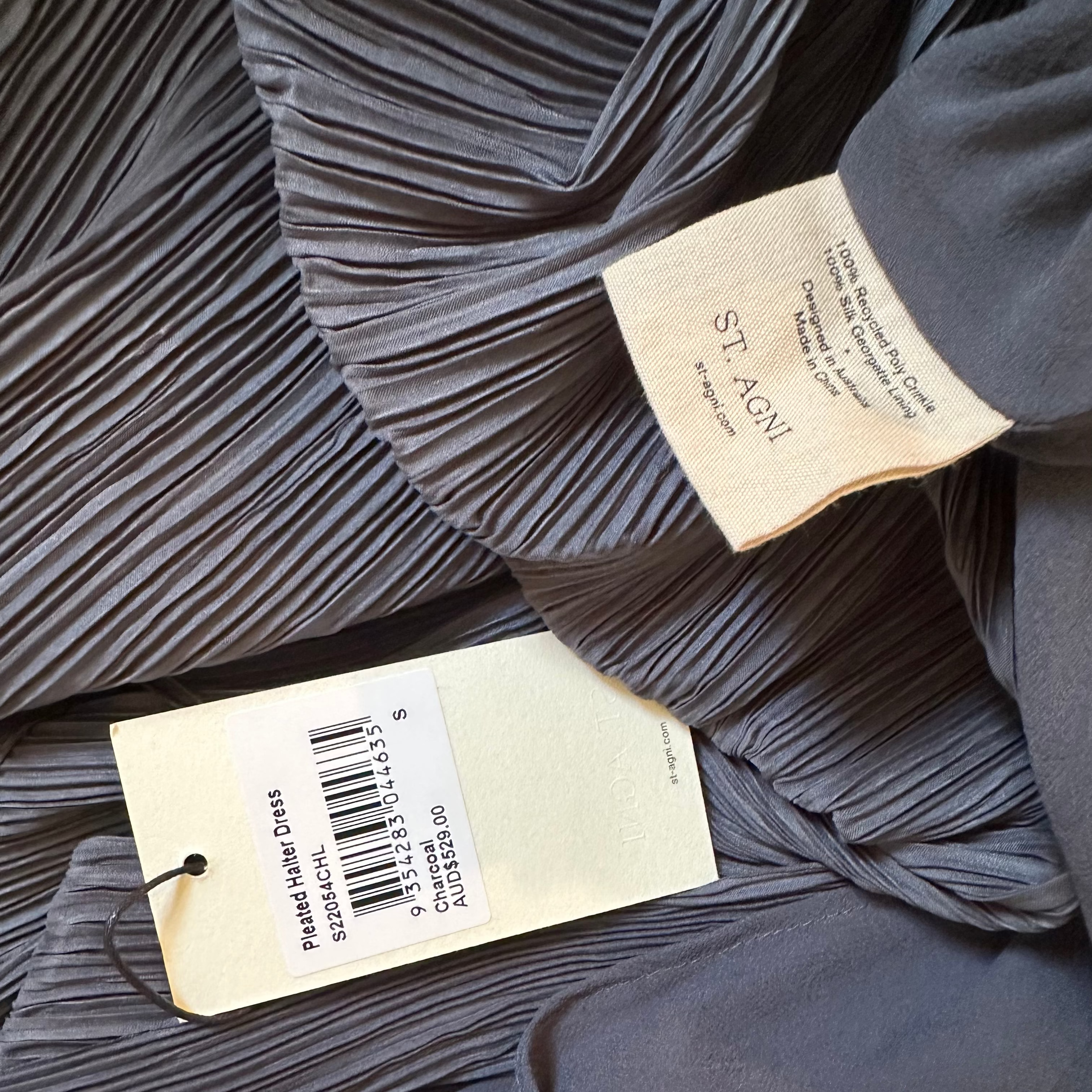 St Agni BNWT Pleated Halter Dress in Charcoal.